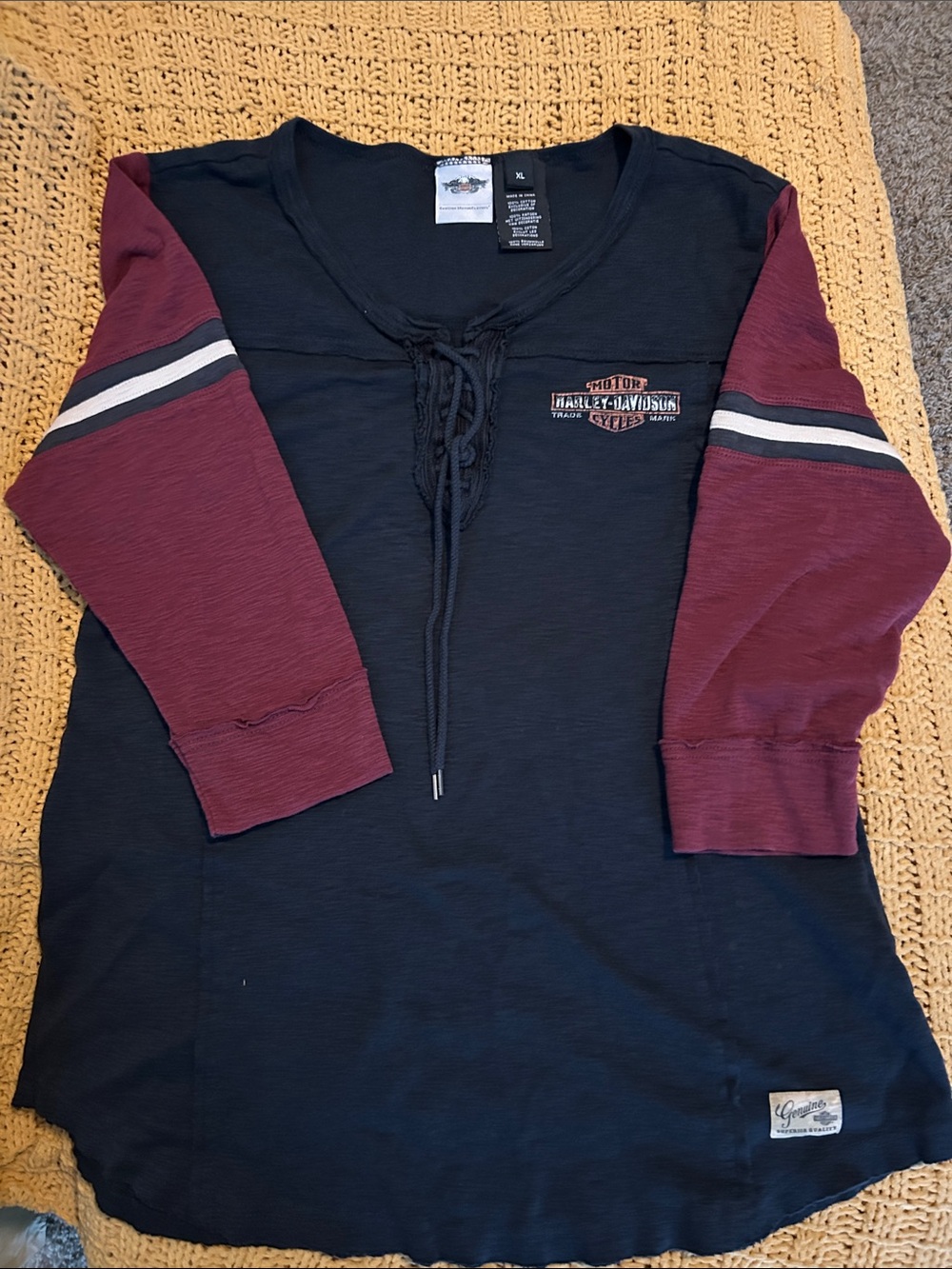 Harley-Davidson Black and Burgundy Lace-Up Raglan Long Sleeve Tee